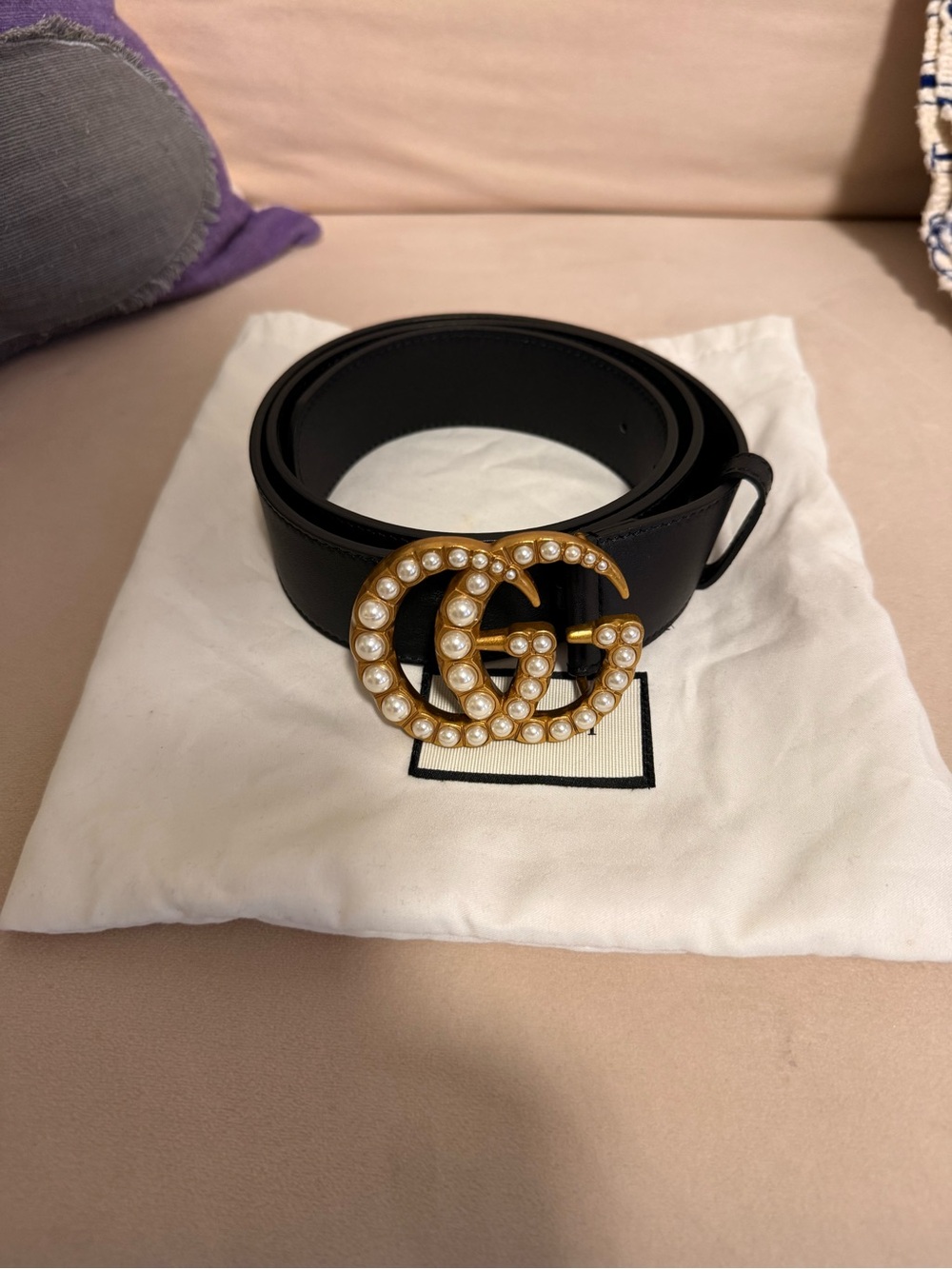 GUCCI Moon Calfskin Pearl Double G 40mm Belt 75 30 Black Cream